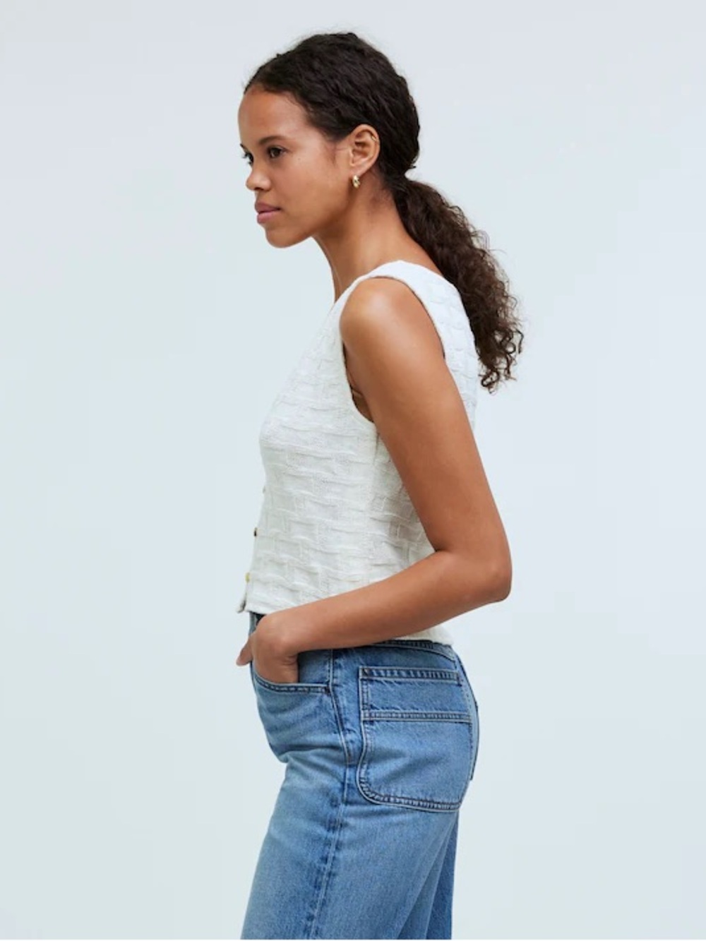 Madewell Cream Basketweave Knit Cottagecore Cotton Blend Crop Vest Top XS - Picture 3 of 14